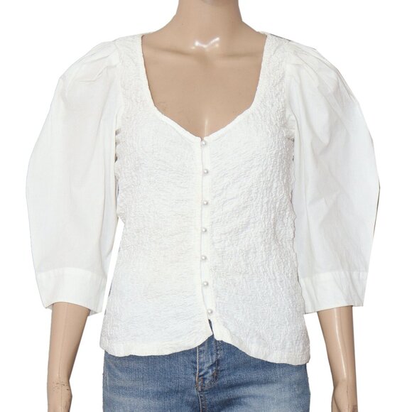 By Anthropologie Smocked Cardigan Top Ivory Buttondown Blouse L - Picture 5 of 8
